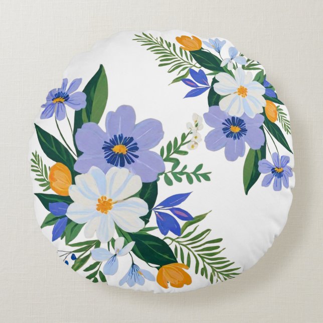 Blommigt Bouquet Lila Orange Rund Kudde (Framsidan)