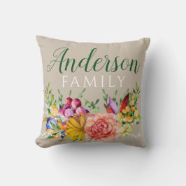 Blommigt Bouquet med Familj Namn Kudde