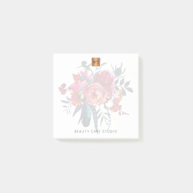 Blommigt bouquet metallic guld kopparmonogrammat post-it block (Framsida)