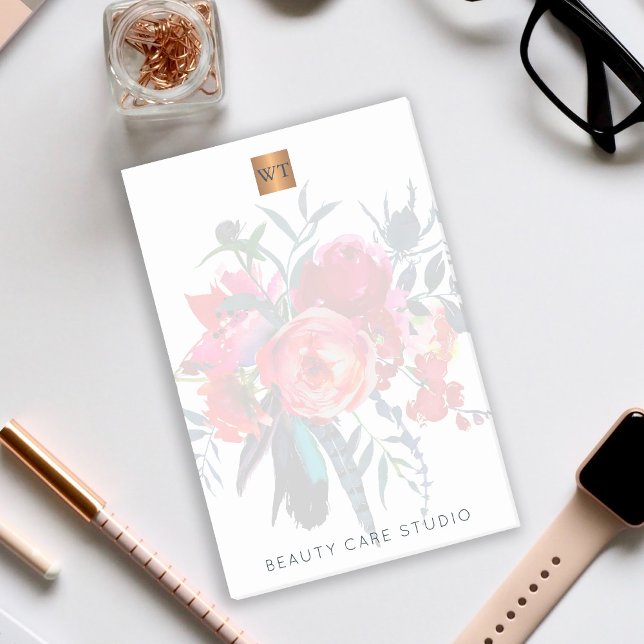 Blommigt bouquet metallic guld kopparmonogrammat post-it block (Skapare uppladdad)