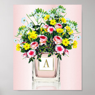 Blommigt Bouquet Rosa Parfym Flaska Monogram Poster