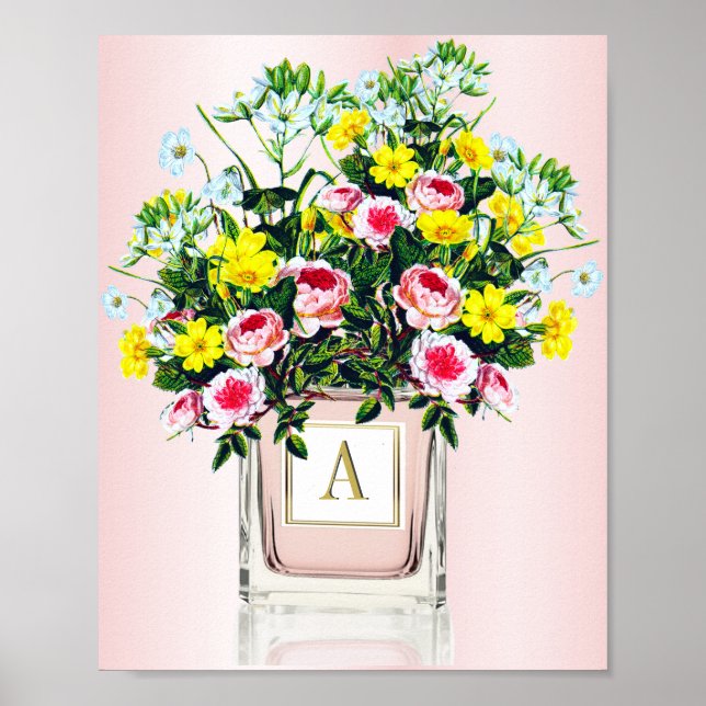 Blommigt Bouquet Rosa Parfym Flaska Monogram Poster (Framsidan)