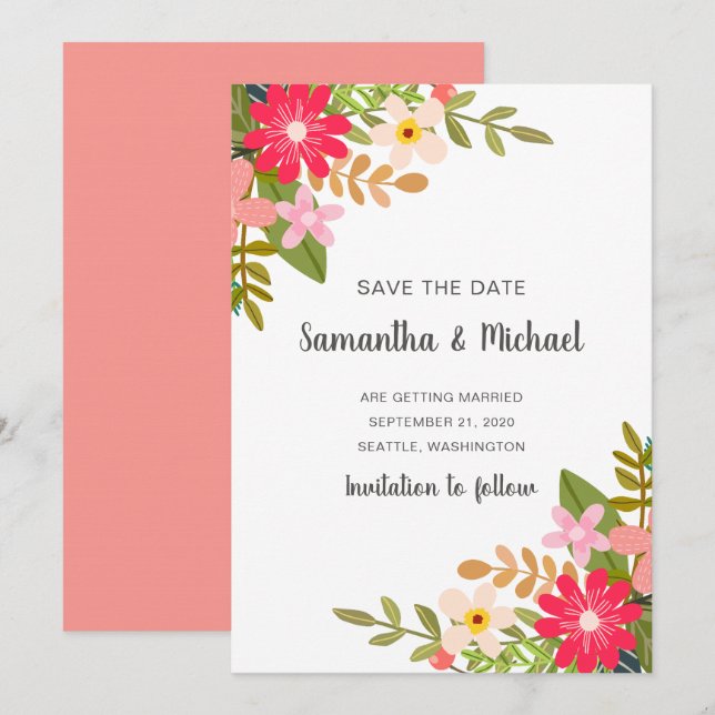Blommigt Bouquet Spara datum Inbjudningar (Fram/baksida)