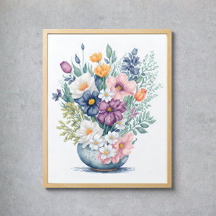 Blommigt Bouquet Vas Pastel Watercolor Wildblommor Poster