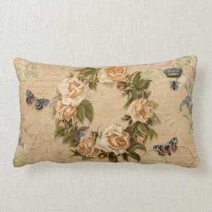 Blommigt Bouquet Vintage Ro Flowers Bee n Ephemera Lumbarkudde