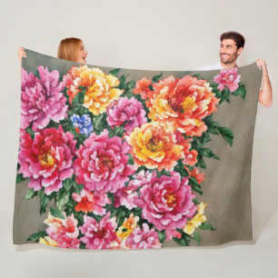 Blommigt Bouquet Watercolor Peonies on Tan Fleecefilt