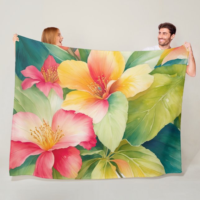 Blommigt Bouquet Watercolor Tropical Flowers Fleecefilt (På plats)