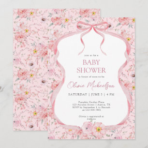Blommigt Bow Coquette Rosa Ribbon Girl Baby Shower Inbjudningar
