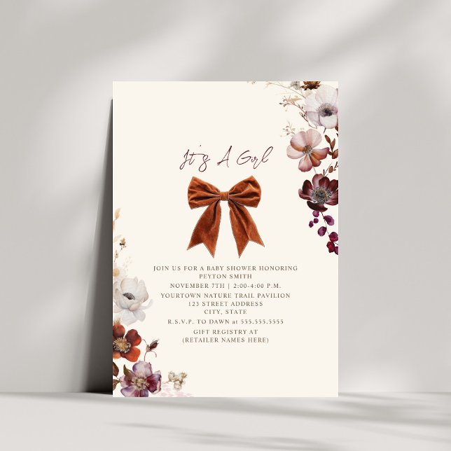 Blommigt Bow Fall Winter Girl Baby Shower Inbjudningar (Skapare uppladdad)