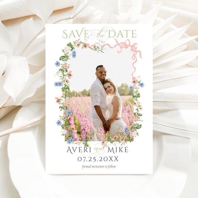 Blommigt Bow Garden Rustic Elegant Photo Bröllop Spara Datumet (Skapare uppladdad)
