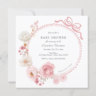 Blommigt Bow Rosa Baby Shower Inbjudningar