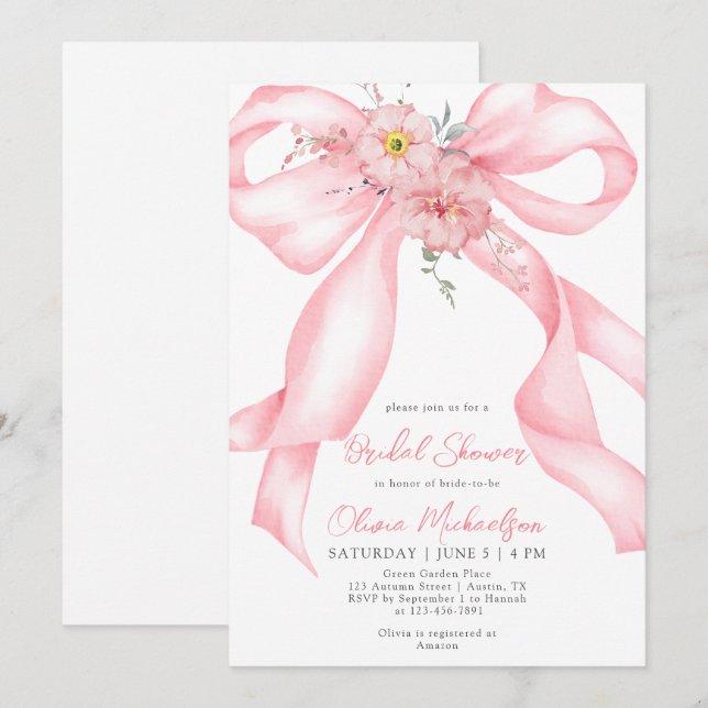 Blommigt Bow Rosa Ribbon Boho Coquette Möhippa Inbjudningar (Fram/baksida)