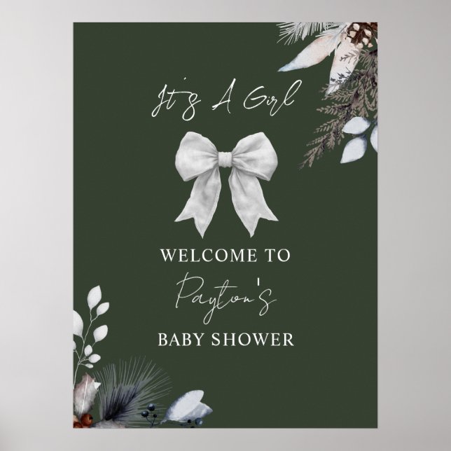 Blommigt Bow Winter Grönt Girl Baby Shower Välkomm Poster (Framsidan)