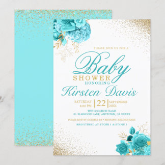 Blommigt Boy Shower för Aqua och Guld Glitter Inbjudningar