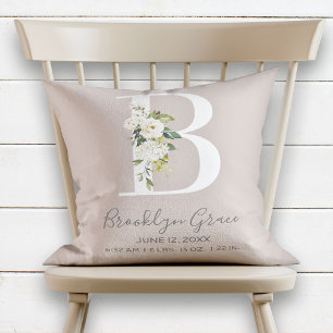  Blommigt Brev B Monogram Baby födelsetal Kudde
