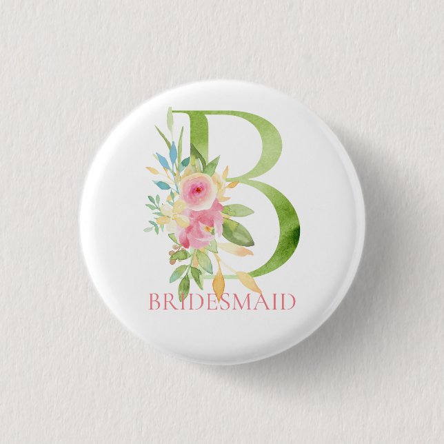 Blommigt brev B vattenfärger Bridesmaid Knapp (Framsida)
