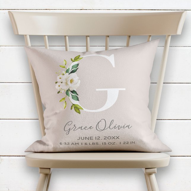  Blommigt Brev G Monogram Baby födelsetal Kudde (Skapare uppladdad)
