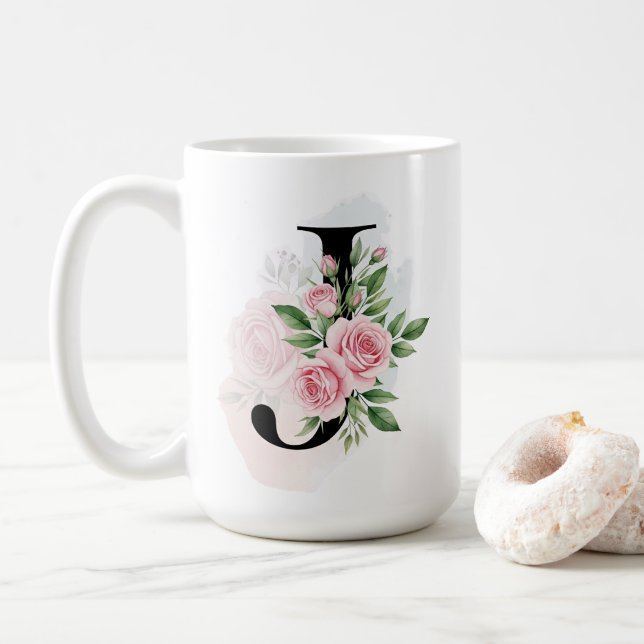 Blommigt Brev J - Mjuk pastel Monogram Kaffemugg (Med munk)