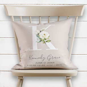  Blommigt Brev K Monogram Baby födelsetal Kudde