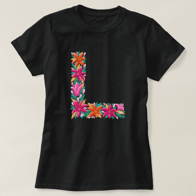Blommigt brev L-kvinnans grundläggande T-shirt (Design framsida)