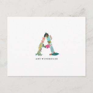 Blommigt Brev Monogram - A - Flat Card Vykort