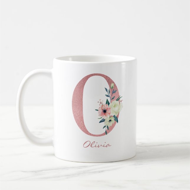 Blommigt Brev O Initial - Rosa och Elfenbenskusten Kaffemugg (Vänster)