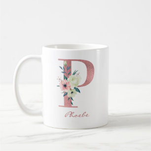 Blommigt Brev P Initial-Rosa och Elfenbenskusten B Kaffemugg