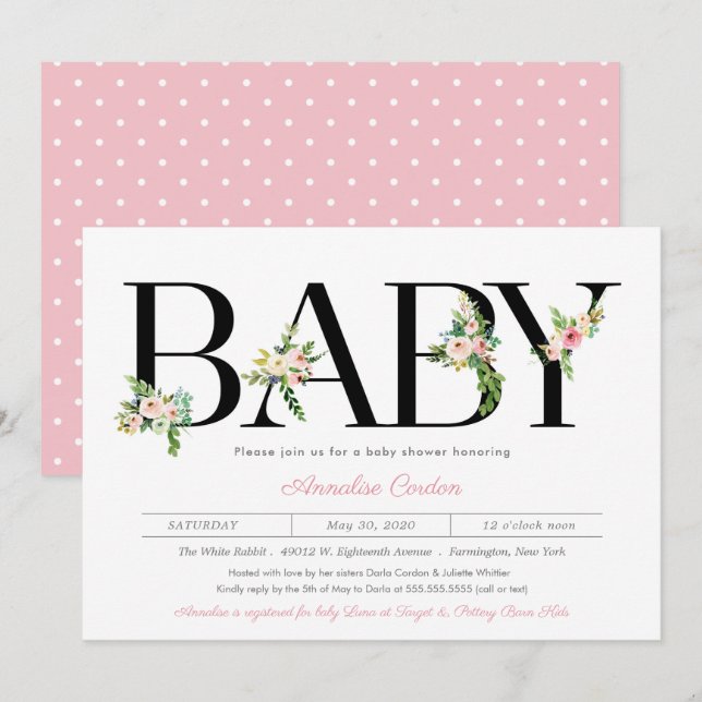 Blommigt Brev Pastel Rosa Girl Baby Shower Inbjudningar (Fram/baksida)