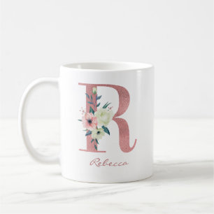 Blommigt Brev R Initial - Rosa och Elfenbenskusten Kaffemugg