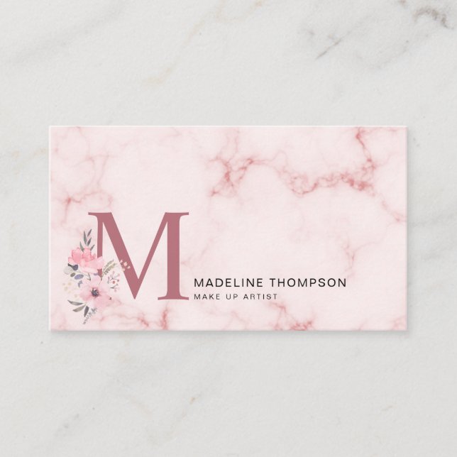 Blommigt Brev  Rosa Monogram Marble Makup up Visitkort (Framsida)