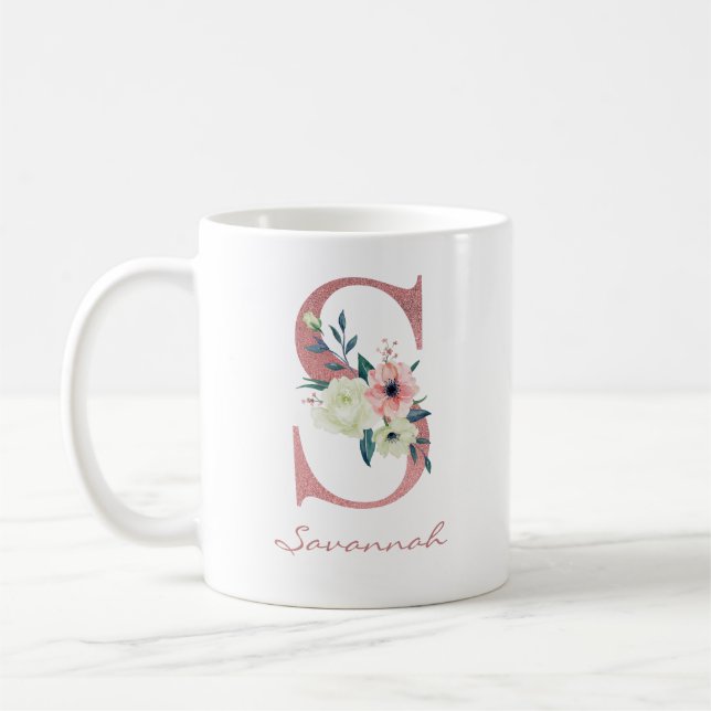 Blommigt Brev S Initial-Rosa och Elfenbenskusten B Kaffemugg (Vänster)