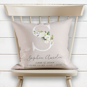  Blommigt Brev S Monogram Baby födelsetal Kudde