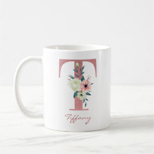 Blommigt Brev T Initial-Rosa och Elfenbenskusten B Kaffemugg