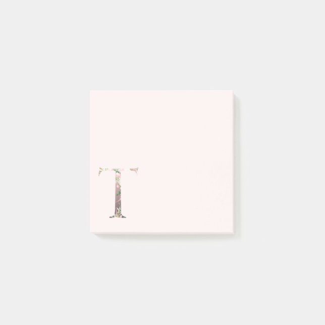 Blommigt Brev ’T’ Monogram Notes Post-it Block (Framsida)