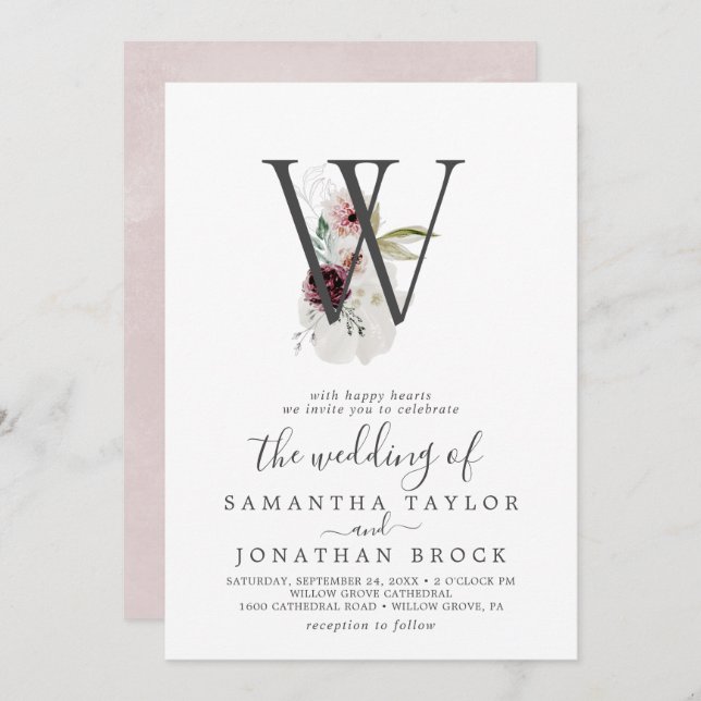 Blommigt Brev W  Monogram Bröllop Inbjudningar (Fram/baksida)