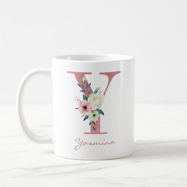 Blommigt Brev Y Initial - Rosa och Elfenbenskusten Kaffemugg (Vänster)