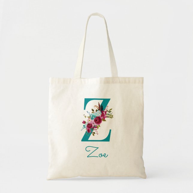 Blommigt Brev Z-skript Monogram Teal Rosa Tygkasse (Framsidan)
