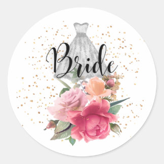 Blommigt Bride-märke med Glitter-påkänning Runt Klistermärke