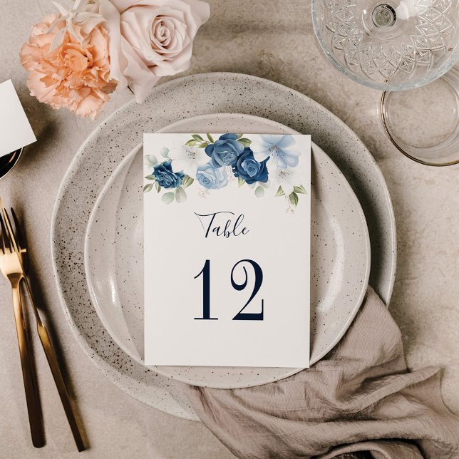 Blommigt Bröllop Bordsnummer 12 Planer för sjösätt (Dusty Blue Floral Wedding Reception Table Number Cards)