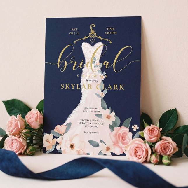 Blommigt Bröllop Dress Navy Inbjudningskort för mö (Floral Wedding Dress Navy Bridal Shower Invitation)
