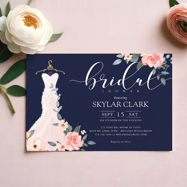 Blommigt Bröllop Dress Navy Inbjudningskort för mö (Floral Wedding Dress Navy Bridal Shower Invitation)