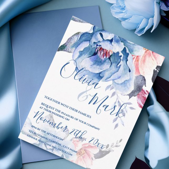 Blommigt Bröllop för blå vattenfärg Vykort (Blue Watercolor Floral Script Wedding Invitation Postcard )