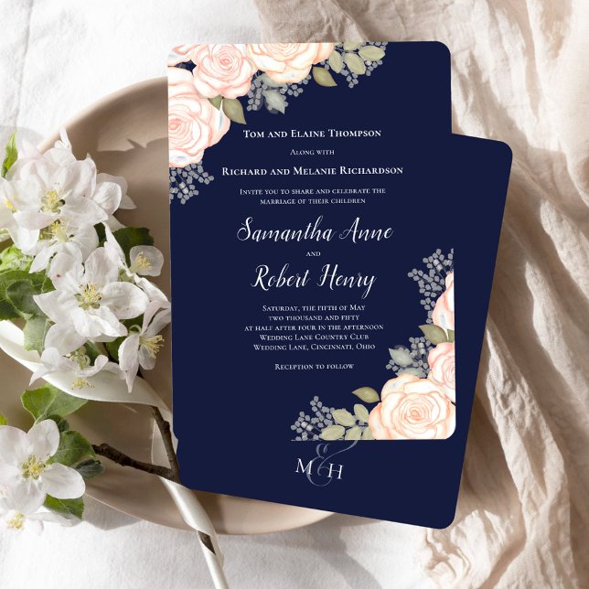  Blommigt Bröllop i marint blått vatten Inbjudningar (Navy blue wedding invitation template with blush pink floral.)