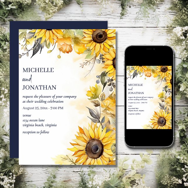 Blommigt Bröllop Inbjudningar (Printed and Digital - Beautiful Watercolor Sunflower Floral Wedding Invitation)