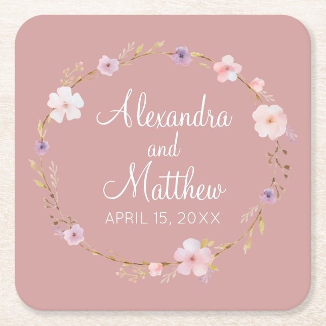 Blommigt Bröllop Krona Underlägg Papper Kvadrat (Framsidan)