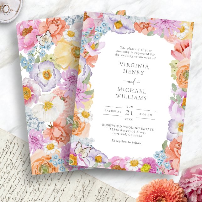 Blommigt Bröllop med fetstil Inbjudningar (Bright Bold Watercolor Floral Wedding Invitation by Painted Paperie
)
