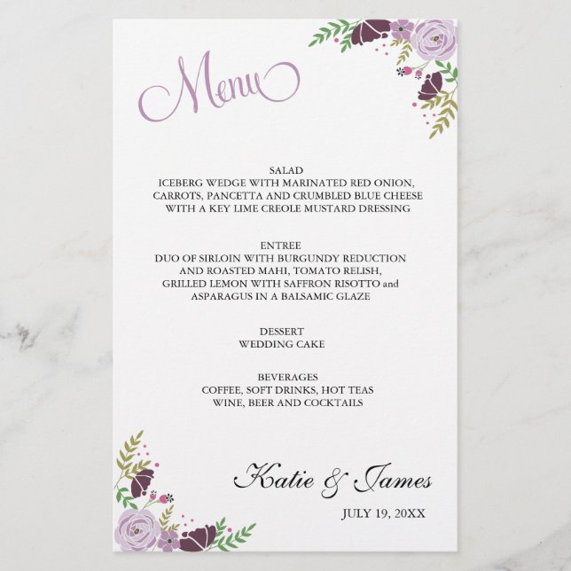Blommigt Bröllop Menu | LILA (Framsida)