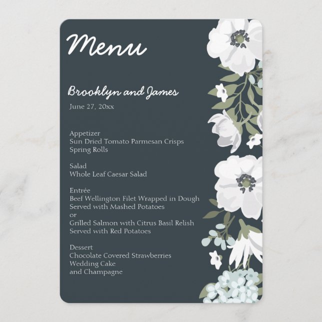 Blommigt Bröllop Menu med vita blommor Meny (Framsida)