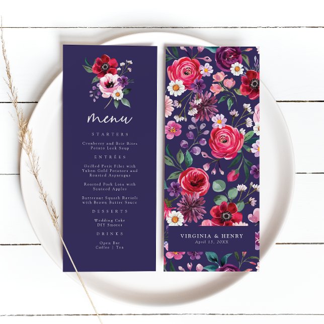 Blommigt Bröllop Meny (Watercolor Navy Blue Floral Wedding Menu by Painted Paperie
)