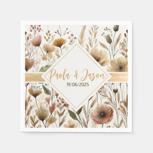 Blommigt bröllop napkin med guld band pappersservett (Framsidan)